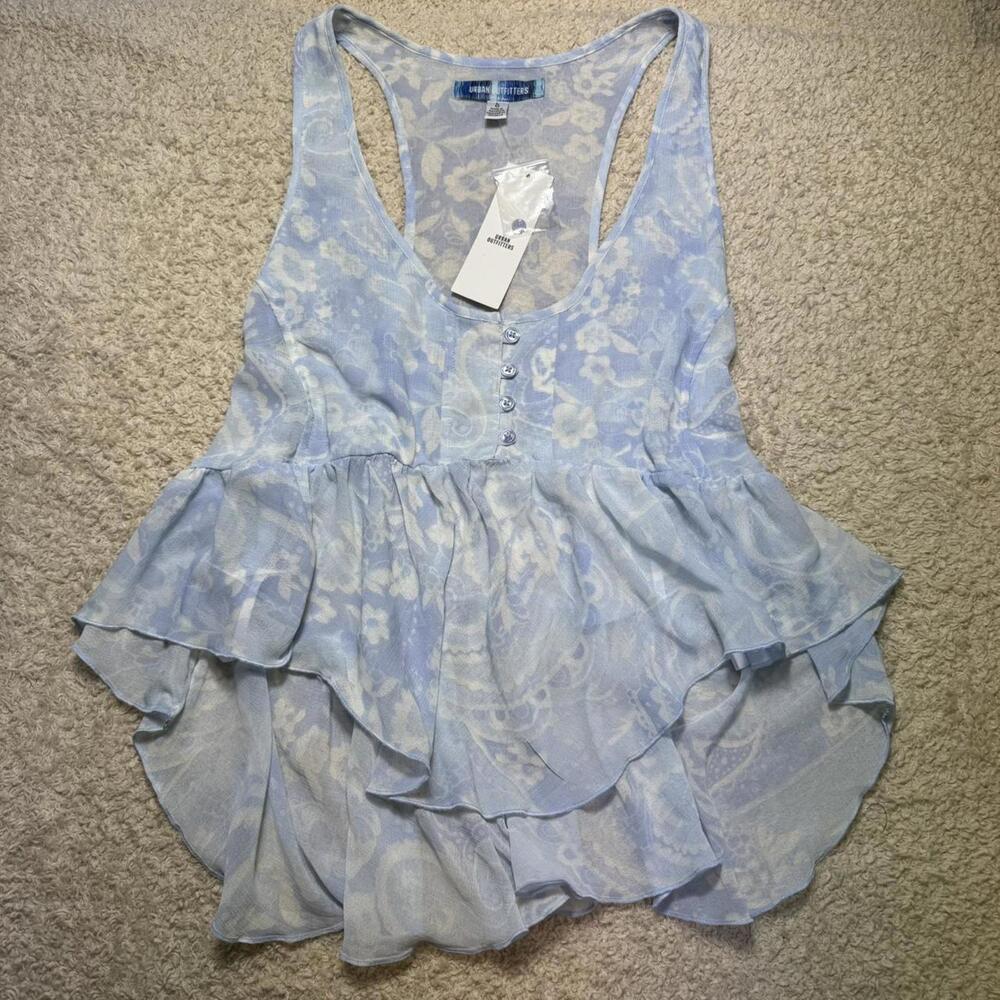Urban Outfitters Tate Asymmetrical Babydoll Tank Top Blue Multi LARGE NWT
